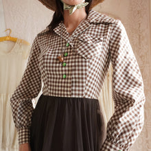 Load image into Gallery viewer, 1970's Brown Gingham and Chiffon Maxi Dress