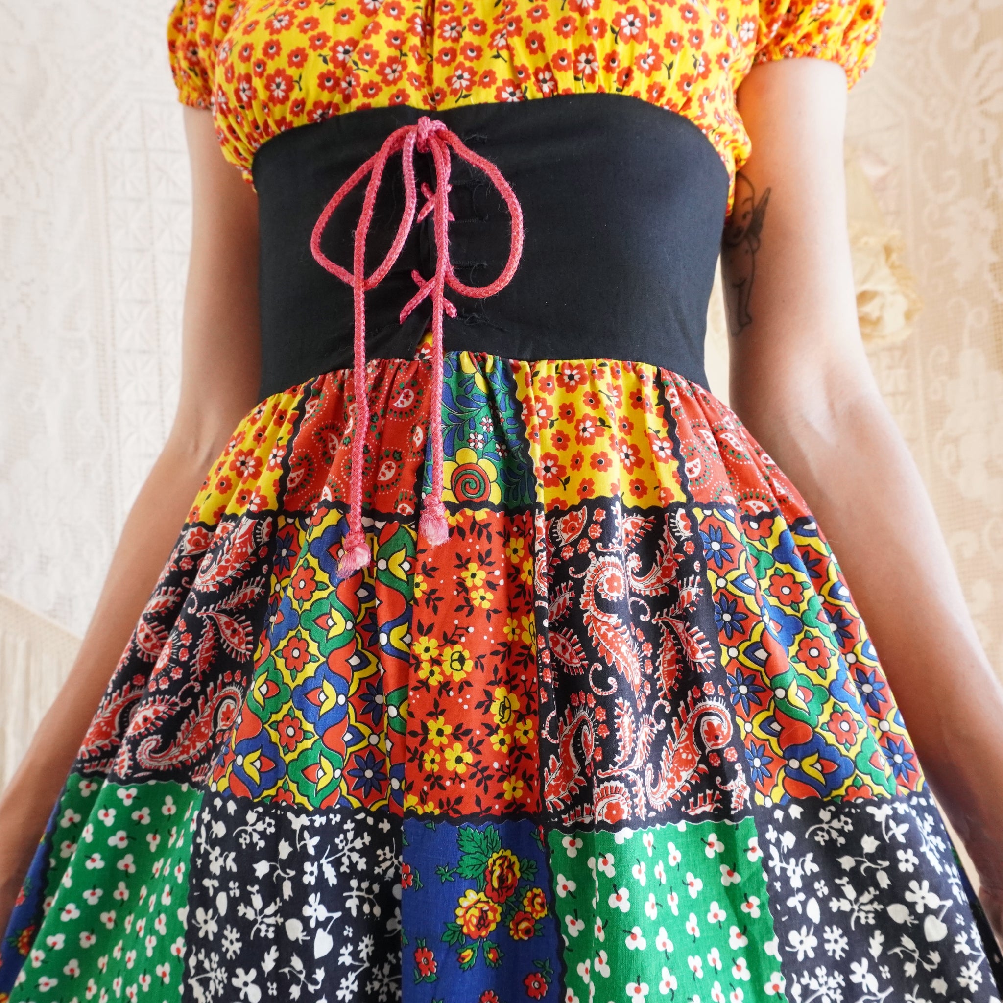 milkmaid corset dress Vintage Late 1960's Cotton Patchwork Print Milkmaid Corset Dress – AMUSE