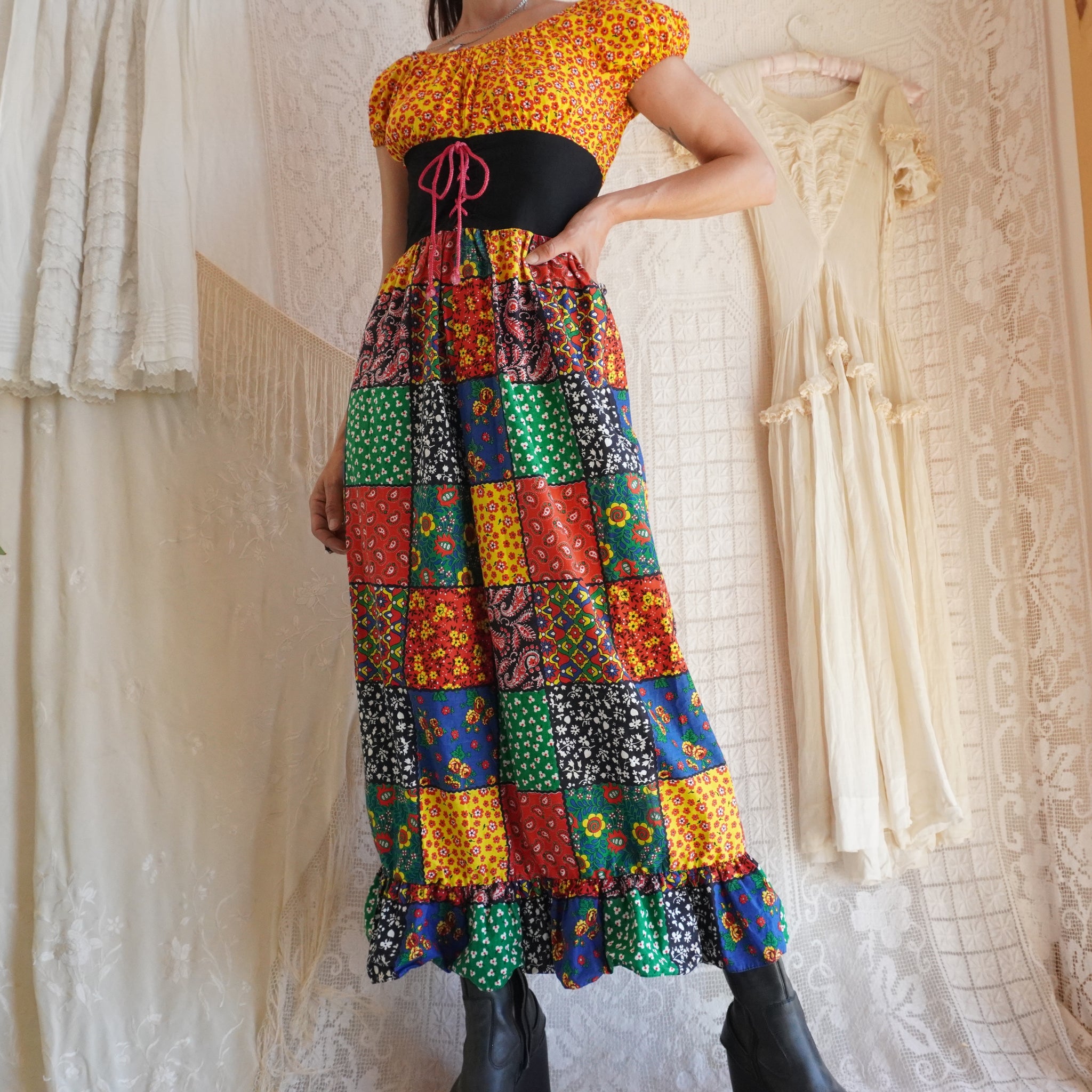 Vintage Late 1960's Cotton Patchwork Print Milkmaid Corset Dress AMUSE Vintage Late 1960's Cotton Patchwork Print Milkmaid Corset Dress AMUSE