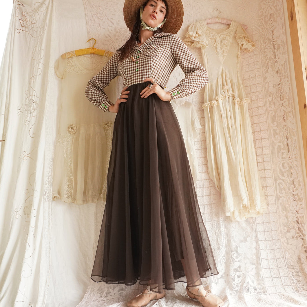 1970's Brown Gingham and Chiffon Maxi Dress