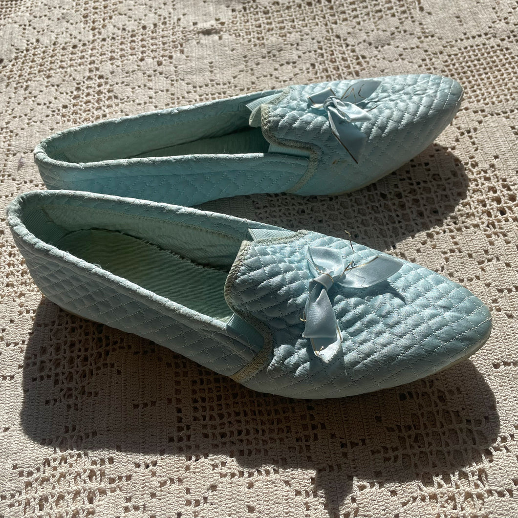 1970's Icy Blue Quilted Satin Slippers