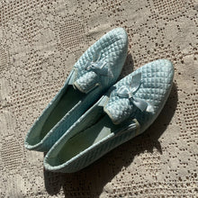 Load image into Gallery viewer, 1970&#39;s Icy Blue Quilted Satin Slippers
